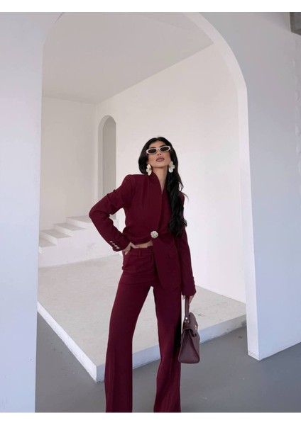 Kadın Gold Kurabiye Düğmeli Blazer Ceket Palazzo Pantolon Takım Elbise fırsatları