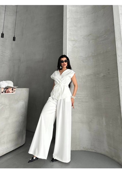 Kadın Kuşaklı Yelekli Palazzo Pantolonlu Takım Elbise modelleri