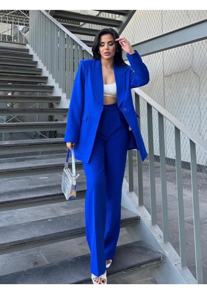Kadın Tek Düğmeli Ceket Palazzo Pantolon Takım