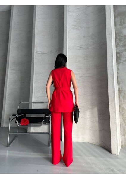 Kadın Şal Yaka Kuşaklı Yelekli Palazzo Pantolonlu Takım Elbise