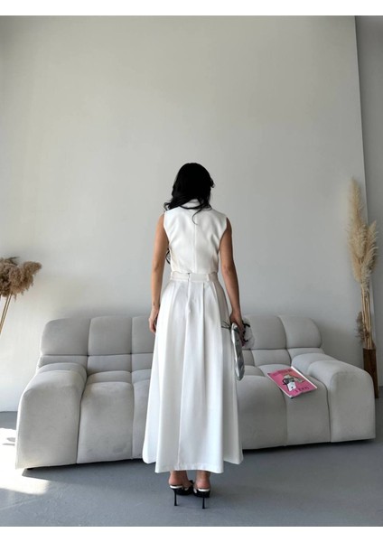 Kadın Alt Üst Takım Düğme Detaylı Premium Yelek Etek Ikili Takım Elbise