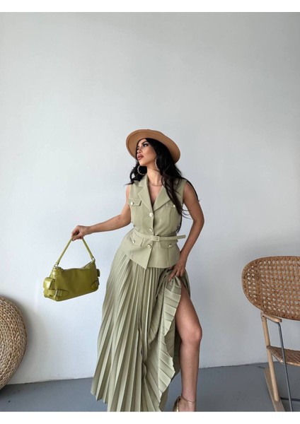 Kadın Kemerli Düğmeli Yelek Pileli Etek Takım Elbise modelleri