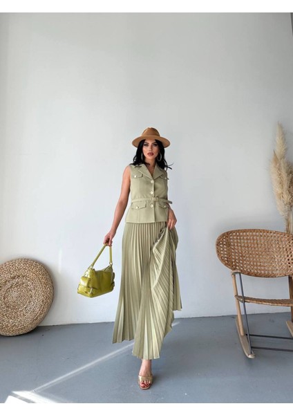 Kadın Kemerli Düğmeli Yelek Pileli Etek Takım Elbise indirimleri