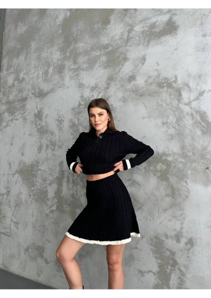 Kadın Triko Düğmeli Polo Yaka Etekli Ikili Takım modelleri