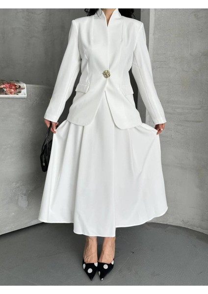 Kadın Gold Kurabiye Düğmeli Blazer Ceket Etek Takım Elbise