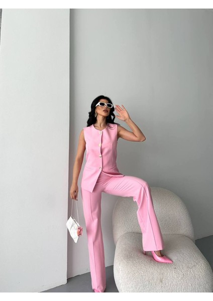 Kadın Alt Üst Takım Şık Düğme Detaylı Premium Yelek Pantolon Ikili Takım Elbise