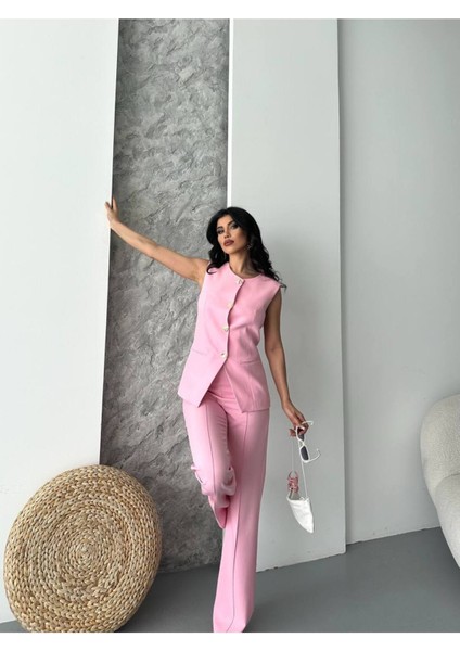 Kadın Alt Üst Takım Şık Düğme Detaylı Premium Yelek Pantolon Ikili Takım Elbise fırsatları