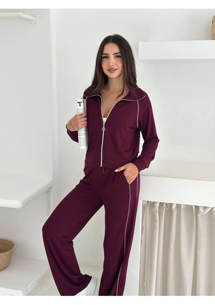 Kadın Fermuarlı Kapüşonlu Rahat Fit Iki Parça Set Eşofman Takımı