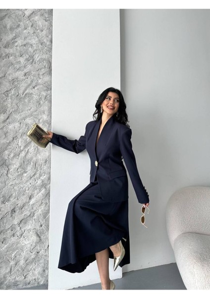 Kadın Gold Kurabiye Düğmeli Blazer Ceket Etek Takım Elbise