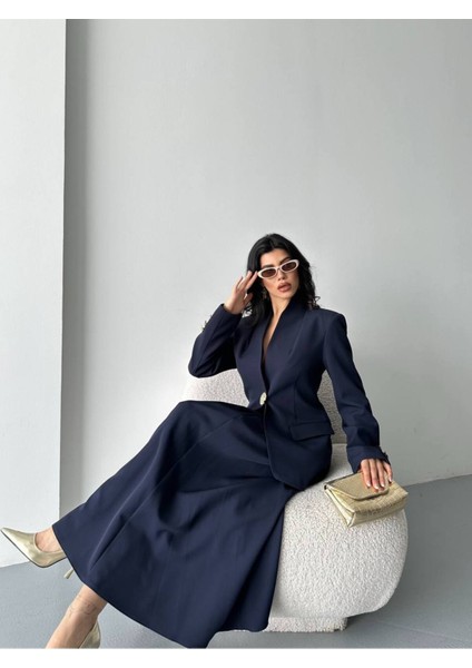 Kadın Gold Kurabiye Düğmeli Blazer Ceket Etek Takım Elbise fiyatları