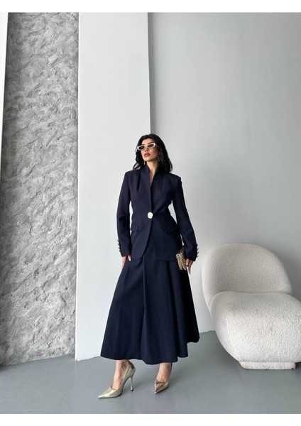 Kadın Gold Kurabiye Düğmeli Blazer Ceket Etek Takım Elbise fırsatları