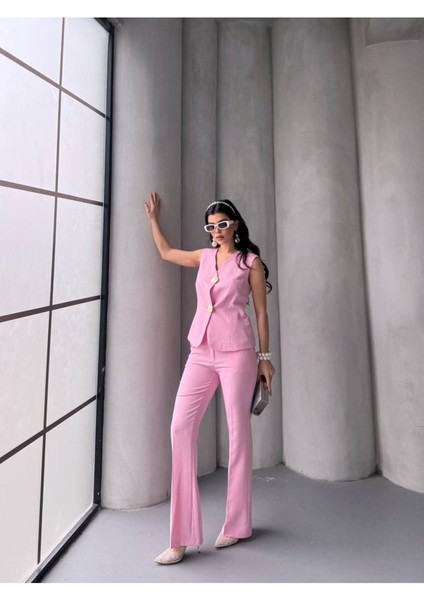 Kadın Gold Kurabiye Düğmeli Yelek Pantolon Takım Elbise fiyatları