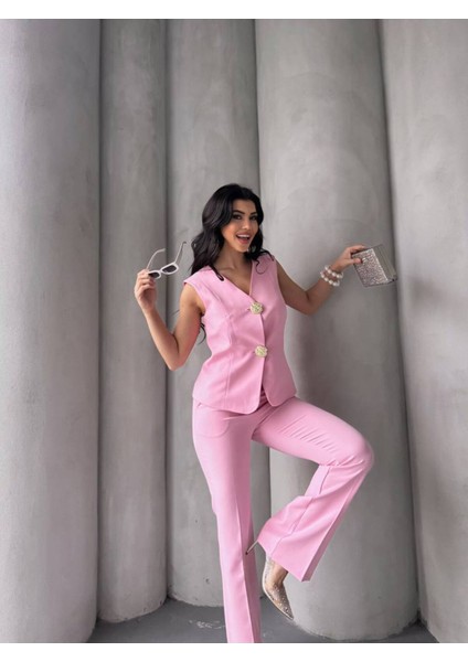 Kadın Gold Kurabiye Düğmeli Yelek Pantolon Takım Elbise fırsatları