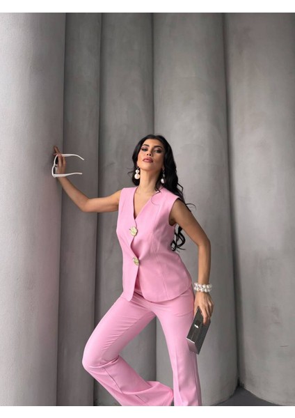 Kadın Gold Kurabiye Düğmeli Yelek Pantolon Takım Elbise indirimleri