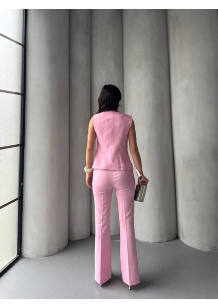 Kadın Gold Kurabiye Düğmeli Yelek Pantolon Takım Elbise