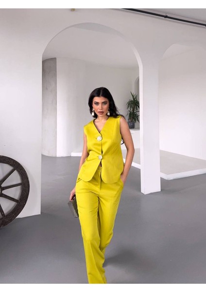 Kadın Gold Kurabiye Düğmeli Yelek Pantolon Takım Elbise modelleri