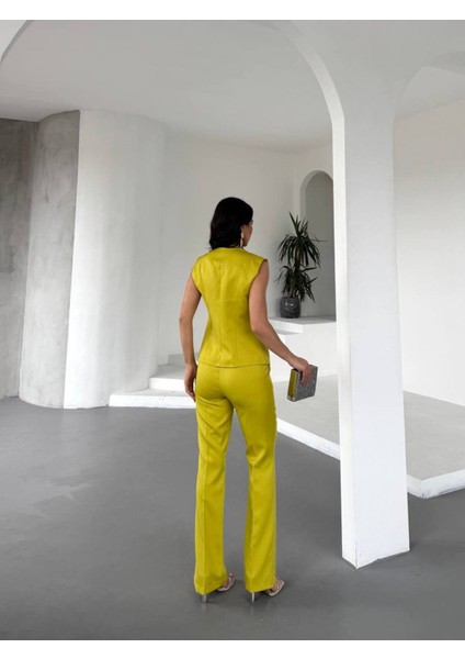 Kadın Gold Kurabiye Düğmeli Yelek Pantolon Takım Elbise indirimleri