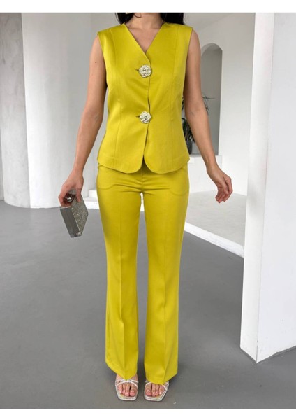 Kadın Gold Kurabiye Düğmeli Yelek Pantolon Takım Elbise