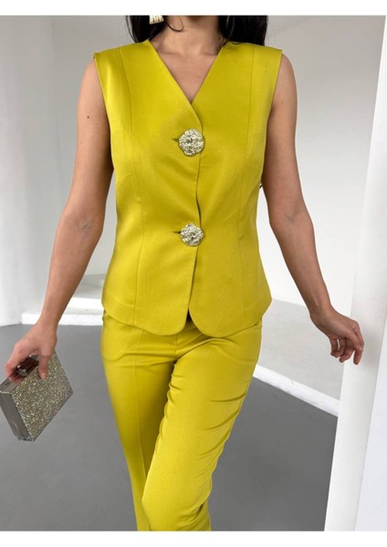 Kadın Gold Kurabiye Düğmeli Yelek Pantolon Takım Elbise