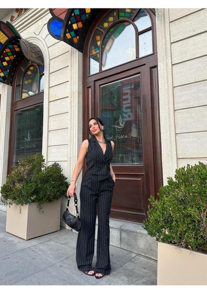 Kadın Çizgili Asimetrik Kesim Yelek Palazzo Pantolon Takım Elbise indirimleri