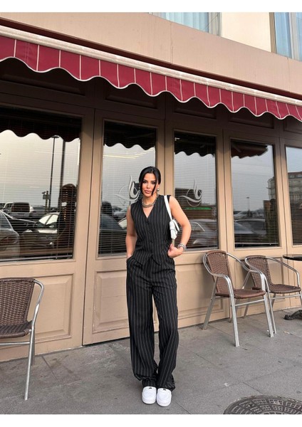 Kadın Klasik Çizgili Yelek Pantolon Takım Elbise