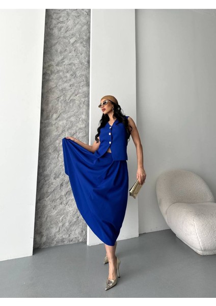 Kadın Alt Üst Takım Şık Düğme Detaylı Premium Yelek Etek Ikili Takım Elbise