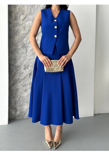 Kadın Alt Üst Takım Şık Düğme Detaylı Premium Yelek Etek Ikili Takım Elbise fiyatları