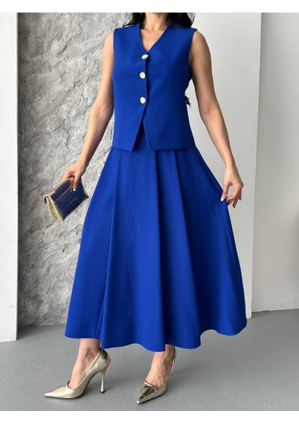 Kadın Alt Üst Takım Şık Düğme Detaylı Premium Yelek Etek Ikili Takım Elbise fırsatları