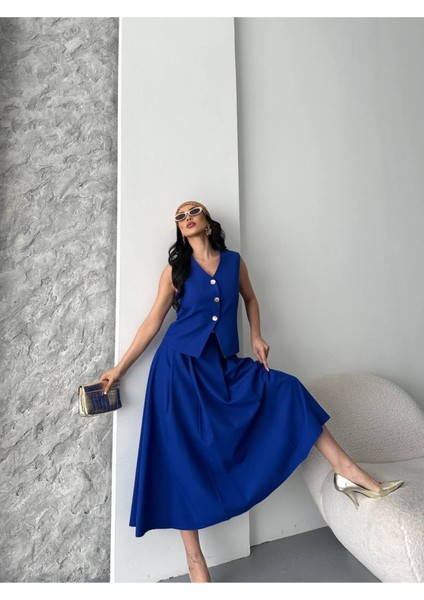 Kadın Alt Üst Takım Şık Düğme Detaylı Premium Yelek Etek Ikili Takım Elbise