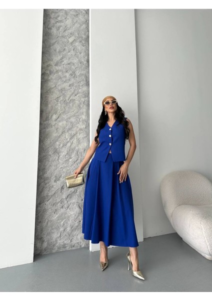 Kadın Alt Üst Takım Şık Düğme Detaylı Premium Yelek Etek Ikili Takım Elbise