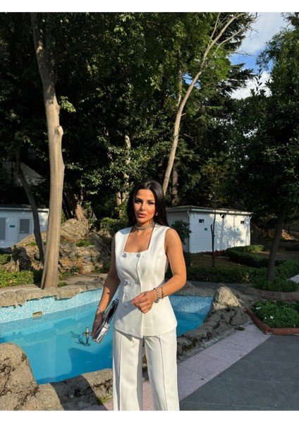 Kadın Düğmeli Yelek Pantolon Kare Yaka Takım fiyatları