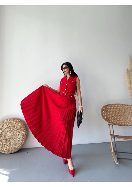 Kadın Kemerli Düğmeli Yelek Pileli Etek Takım Elbise indirimleri