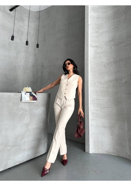 Kadın Alt Üst Takım Şık Taş Düğme Detaylı Premium Yelek Pantolon Ikili Takım Elbise fırsatları