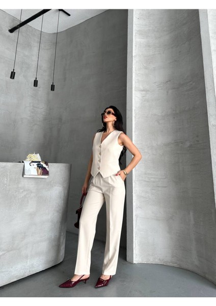 Kadın Alt Üst Takım Şık Taş Düğme Detaylı Premium Yelek Pantolon Ikili Takım Elbise