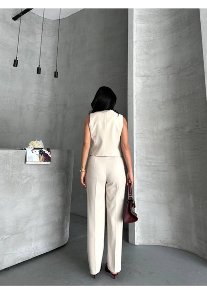 Kadın Alt Üst Takım Şık Taş Düğme Detaylı Premium Yelek Pantolon Ikili Takım Elbise