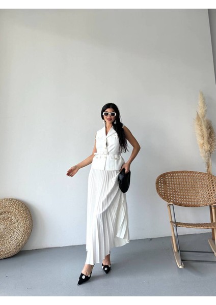 Kadın Kemerli Düğmeli Yelek Pileli Etek Takım Elbise indirimleri