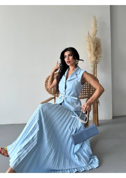 Kadın Kemerli Düğmeli Yelek Pileli Etek Takım Elbise fiyatları