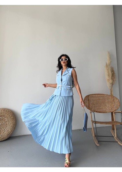 Kadın Kemerli Düğmeli Yelek Pileli Etek Takım Elbise modelleri