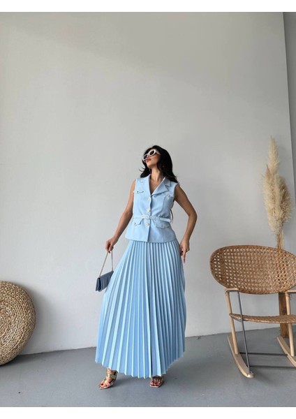 Kadın Kemerli Düğmeli Yelek Pileli Etek Takım Elbise indirimleri