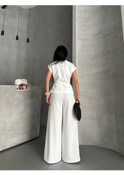 Kadın Kuşaklı Yelekli Palazzo Pantolonlu Takım Elbise