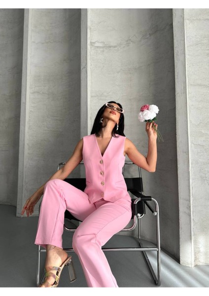 Kadın Alt Üst Takım Şık Taş Düğme Detaylı Premium Yelek Pantolon Ikili Takım Elbise