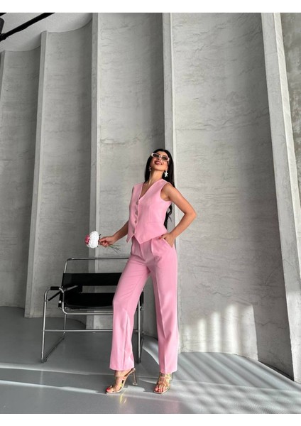 Kadın Alt Üst Takım Şık Taş Düğme Detaylı Premium Yelek Pantolon Ikili Takım Elbise indirimleri