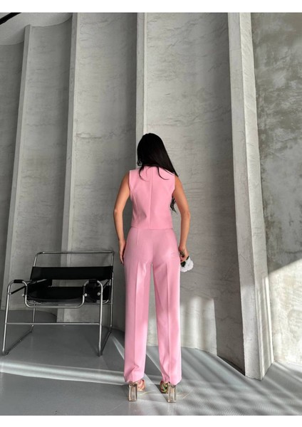 Kadın Alt Üst Takım Şık Taş Düğme Detaylı Premium Yelek Pantolon Ikili Takım Elbise