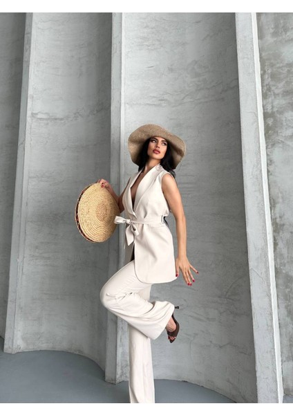 Kadın Şal Yaka Kuşaklı Yelekli Palazzo Pantolonlu Takım Elbise modelleri