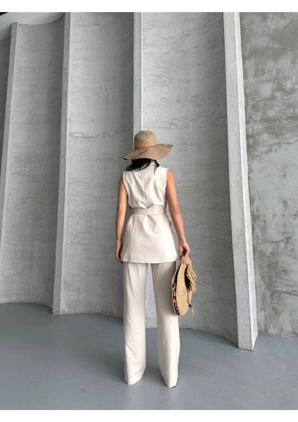 Kadın Şal Yaka Kuşaklı Yelekli Palazzo Pantolonlu Takım Elbise