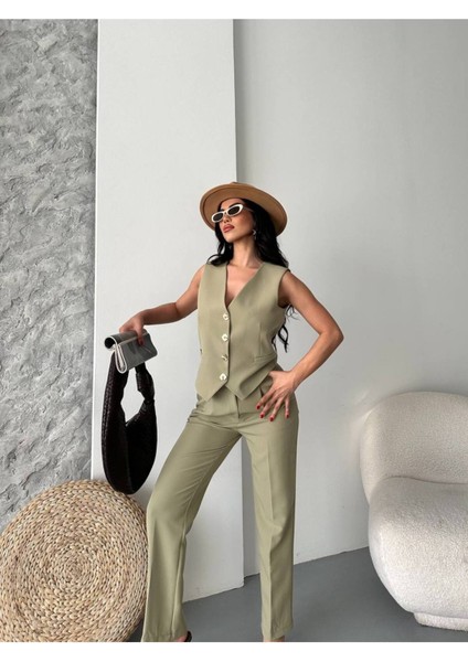 Kadın Alt Üst Takım Şık Taş Düğme Detaylı Premium Yelek Pantolon Ikili Takım Elbise