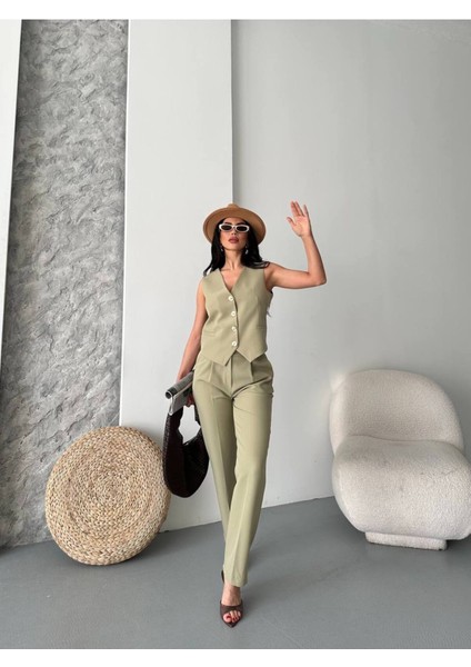 Kadın Alt Üst Takım Şık Taş Düğme Detaylı Premium Yelek Pantolon Ikili Takım Elbise fiyatları