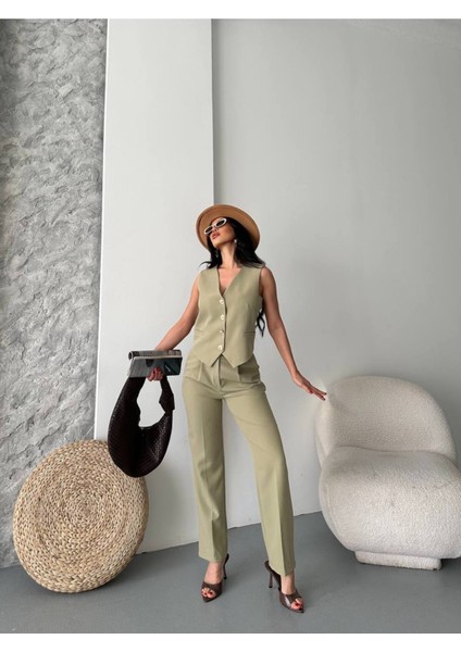 Kadın Alt Üst Takım Şık Taş Düğme Detaylı Premium Yelek Pantolon Ikili Takım Elbise fırsatları