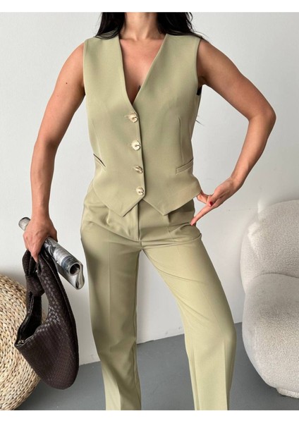 Kadın Alt Üst Takım Şık Taş Düğme Detaylı Premium Yelek Pantolon Ikili Takım Elbise