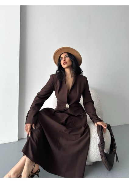 Kadın Gold Kurabiye Düğmeli Blazer Ceket Etek Takım Elbise